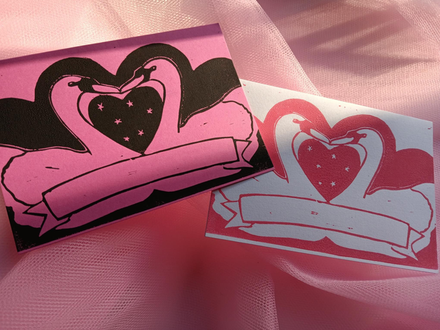 Lino print Swan card - personalised 