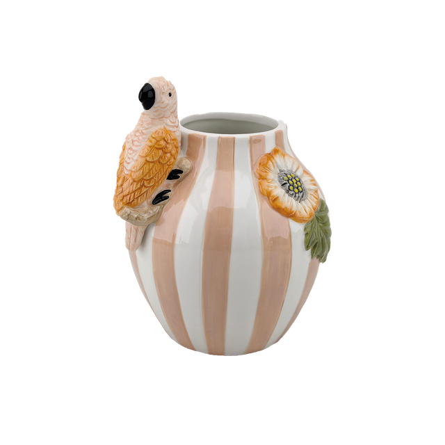 Vase rayure oiseau rose