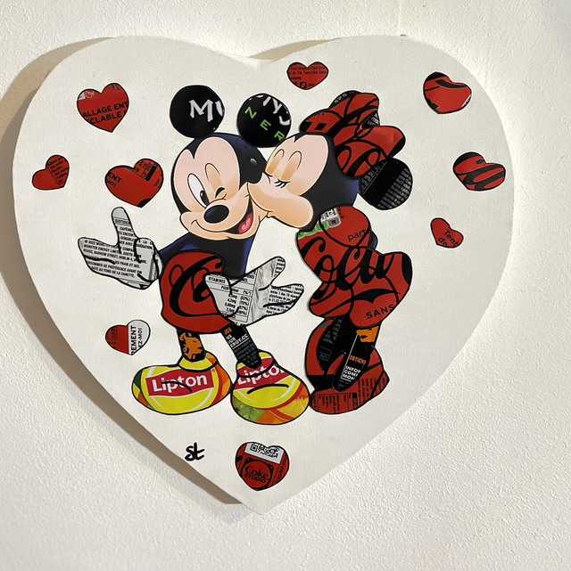 Tableau Mickey et Minnie en forme de cœur 29x29 cm