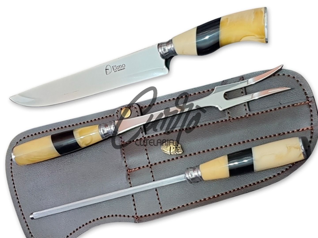 Conjunto Faca Chaira Garfo Elmo Cabo Resina Tipo Osso Chifre 8"