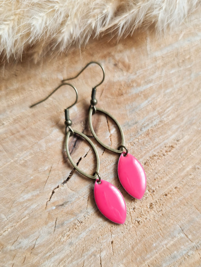 Boucles d'oreilles "Double navettes" - Modèle bronze et fuchsia