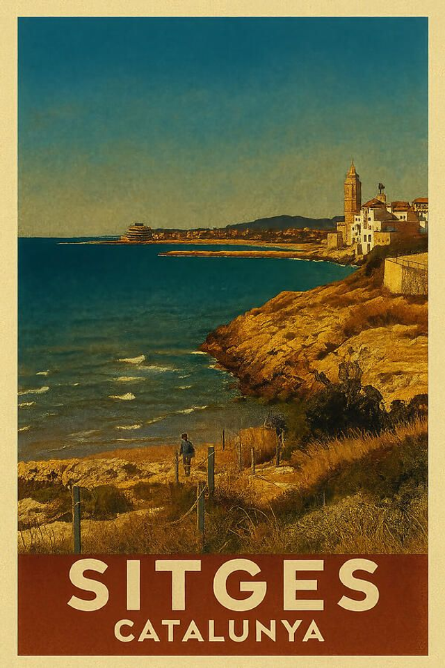 Vista al sur desde la Platja del Balmins Sitges Cataluña Cartel de viaje vintage Arte costero retro