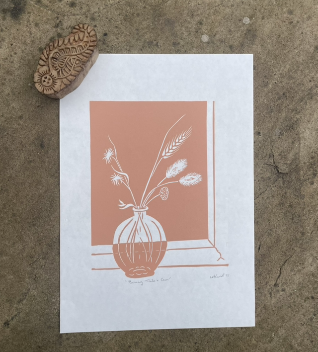Bunny Tails and Corn, Lino print in Peach