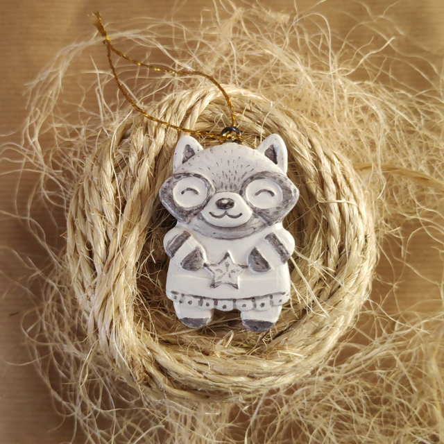 Raccoon clay ornament - Raccoon Christmas decor - Christmas tree decoration