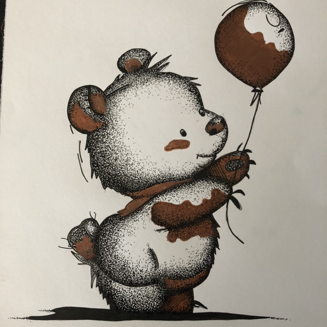 Ours &amp; ballon - 21 x 27 cm - encadrement noir &amp; bois 