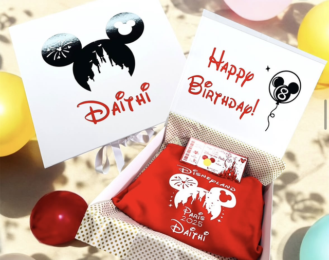 Disneyland birthday reveal box red and black 