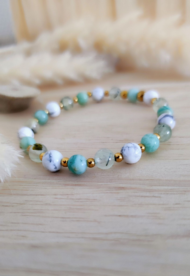 Bracelet "Bien-être et Protection" Calcédoine verte, Préhnite et Howlite
