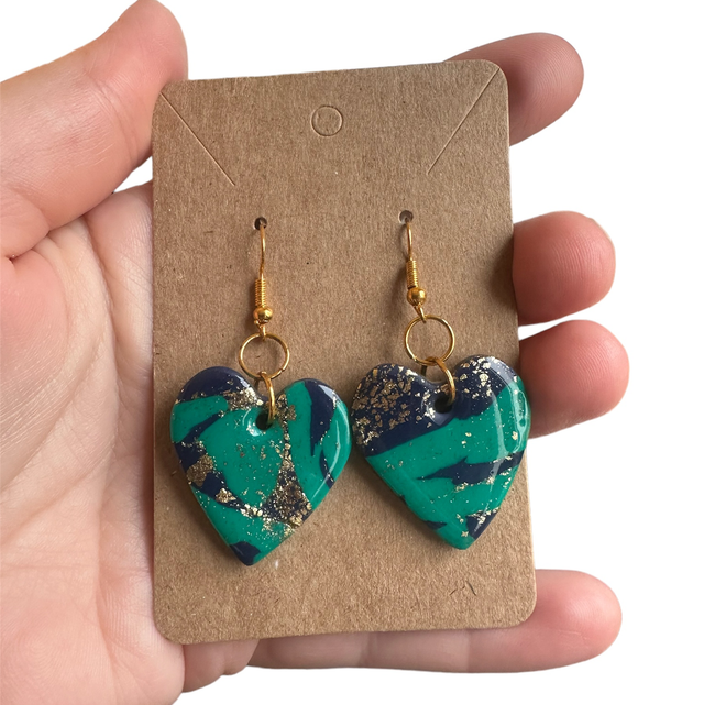 Teal and Navy Heart Polymer Clay Earrings