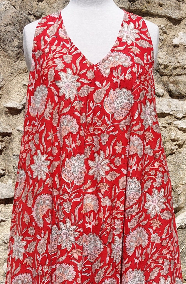 Robe d&#039;été flottante en coton léger imprimé à la main, motif floral, rouge, rose, beige, blanc 