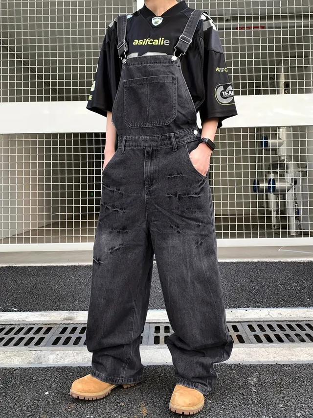 Men's Distressed Washed Black Wide-Leg Denim Overalls
