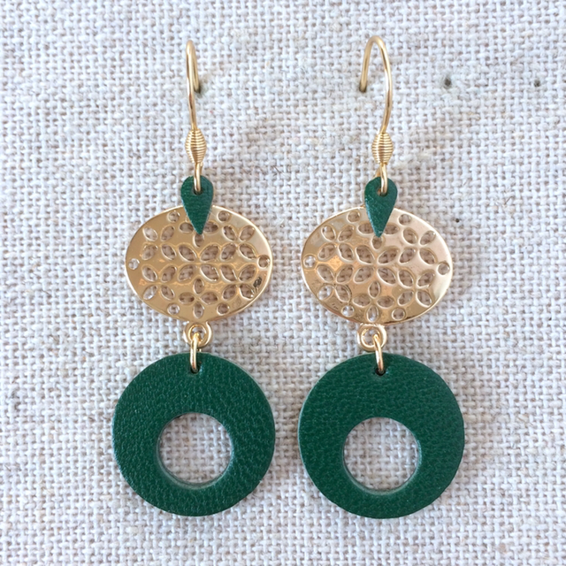 Boucles d’oreilles « Rondo Veneziano » dorées, cuir vert bouteille