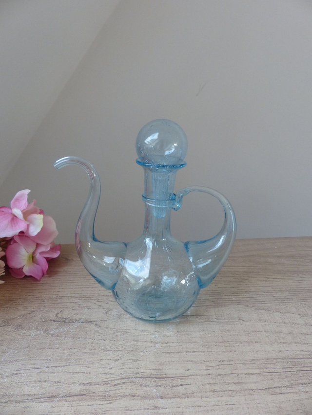 Ensemble Huilier et Vinaigrier en Verre Bullé Soufflé – Verrerie de Biot – Artisanat Français Signé – Bleu Aqua Vintage – Décoration Table