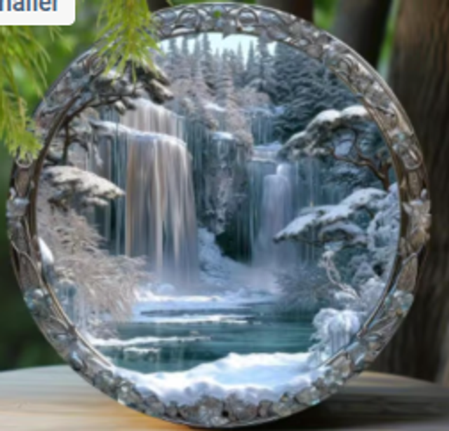 Wanddecoratie metalen bord IJzige watervallen 20cm diameter