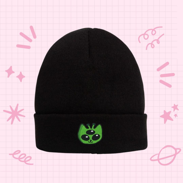 Embroidered Alien Cat Black Beanie