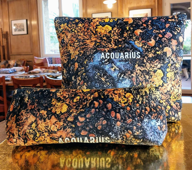 ALALIA ocre-bleu. Pochette et trousse