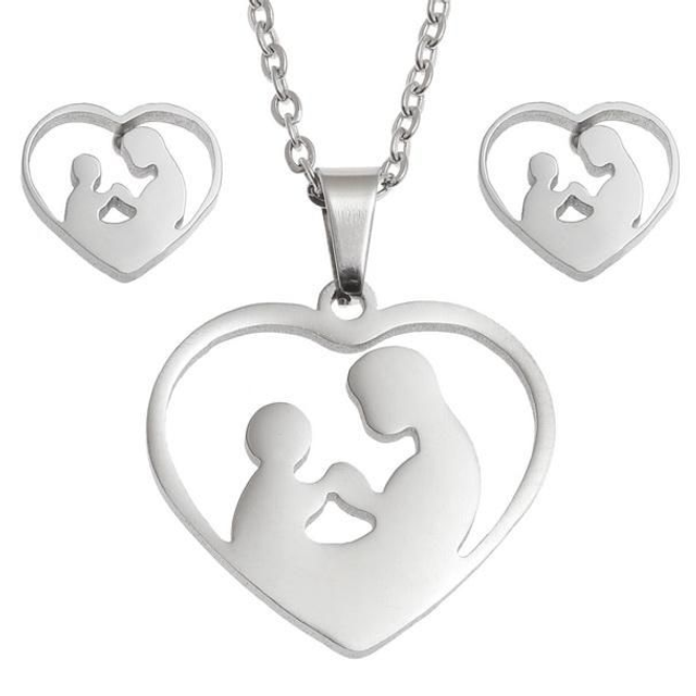 Mother &amp; child heart necklace &amp; stud earring set
