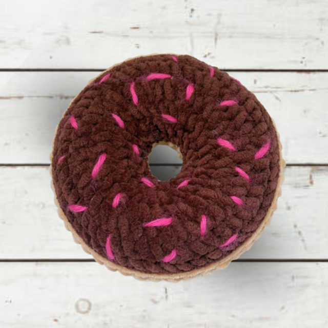 Large Crochet Chenille Doughnut, Chocolate & Pink, Ukca tested