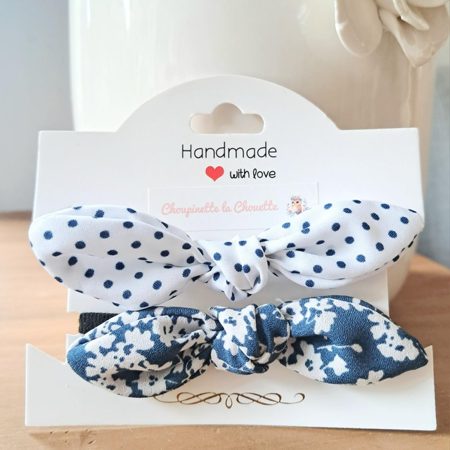 Élastiques à cheveux avec nœud - lot fleurs et pois bleu et blanc