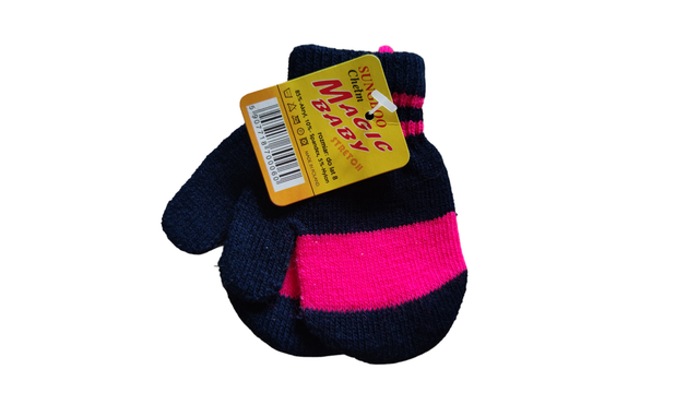 Moufles bleu marine et rose fluo avec cordon  (Magic Baby)