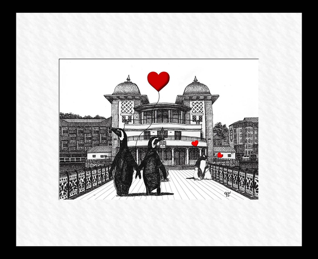 Pier Cafe, African Penguins and Gentoo family with hearts 10" x 8"