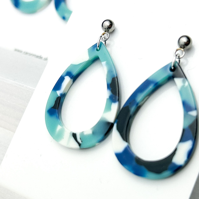 Blue and white acrylic teardrop shape earrings