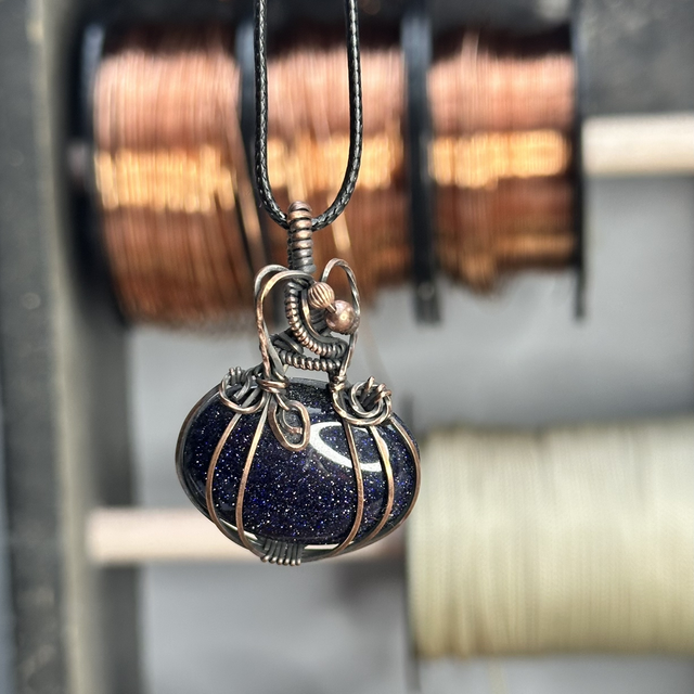 Blue goldstone pure copper wrapped pendant 