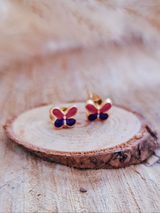 Boucles d'oreilles puces "Papillons" - Modèle rose et violet