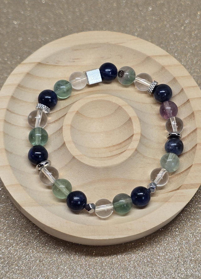 Bracelet Mémoire : Sodalite, Fluorite, Cristal de roche en 0,8 cm