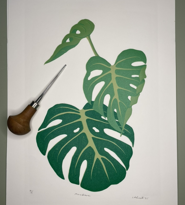 Monstera - four layer reduction Lino Print, limited edition