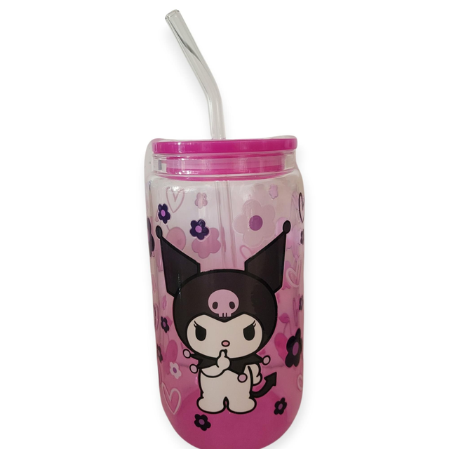 Gourde avec paille en verre Kuromi 