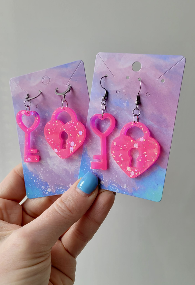 Earrings | Bright Neon Pink Glitter Heart Lock and Key | Stainless Steel Hoops