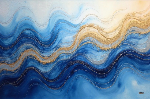 Vagues Abstraites Modernes 🌊 | Tableau Bleu &amp; Or – Art Mural Apaisant 🎨
