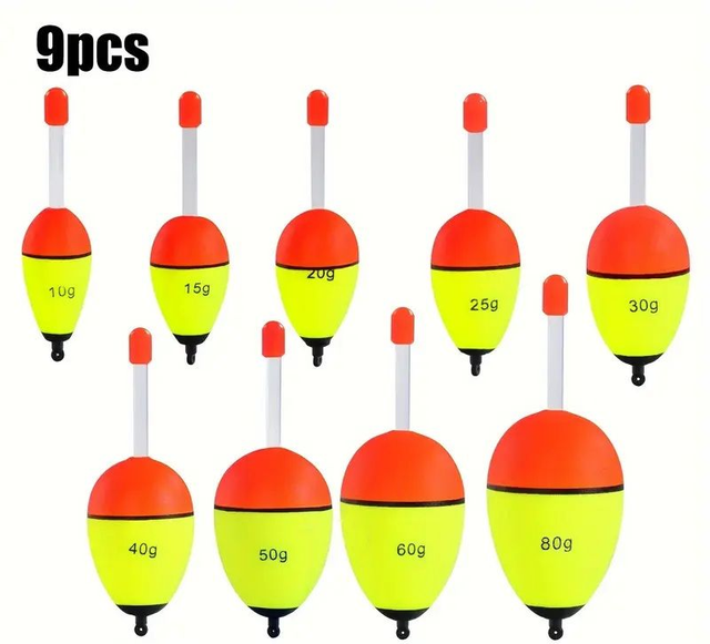 9 flotteurs de pêche en mousse Haute Visibilité, Bicolore orange &amp; jaune