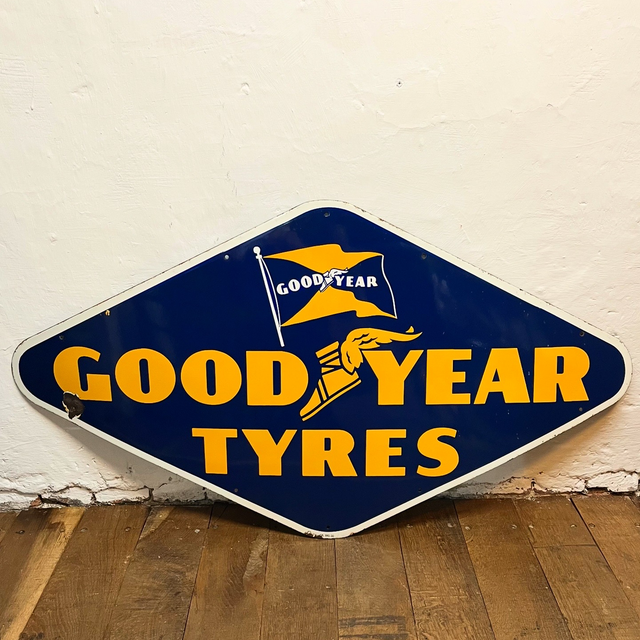 1950’s Date Stamped GOODYEAR TYRES Lozenge-Shaped Enamel Advertising Sign 