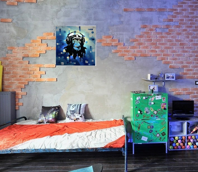 Tableau abstrait bleu avec singe lumineux upcycling