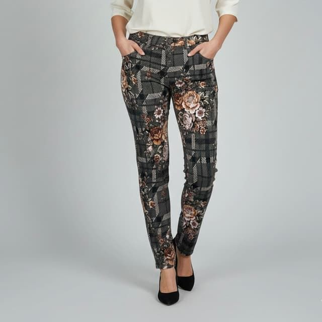 Jean Slim Place du Jour - Imprimé Floral et Carreaux Tartan - Kaki et Marron