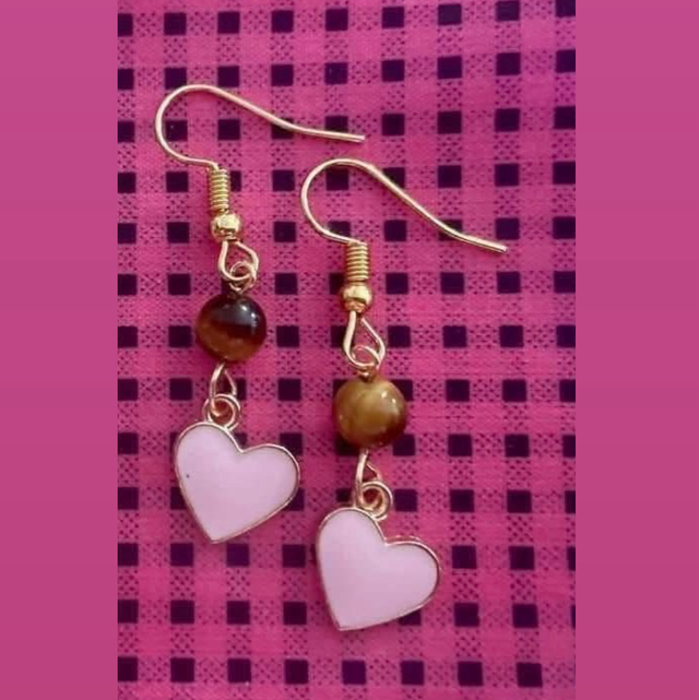 Tiger’s eye &amp; enamel heart earrings gold plated ear hooks