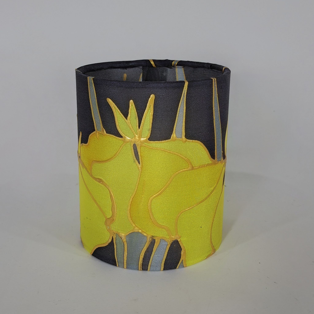 Yellow Iris hand painted silk tealight holder 