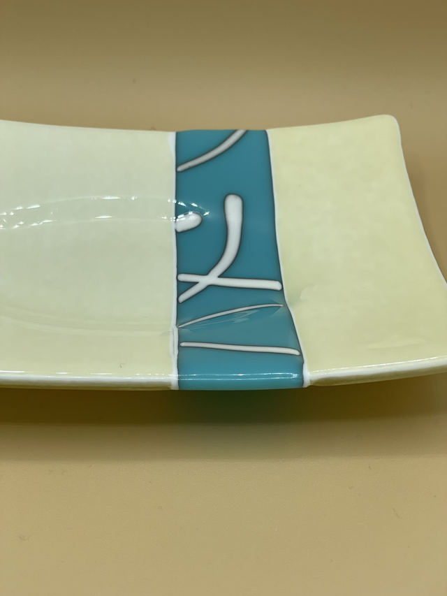 French Vanilla Shallow Dish with Turquoise Pattern Panel