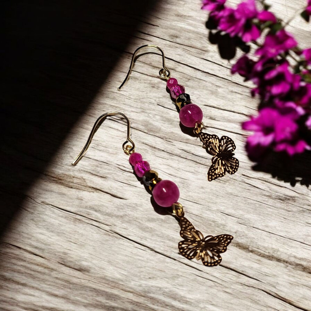 Boucles d&#039;oreilles rose fuchsia acier inoxydable