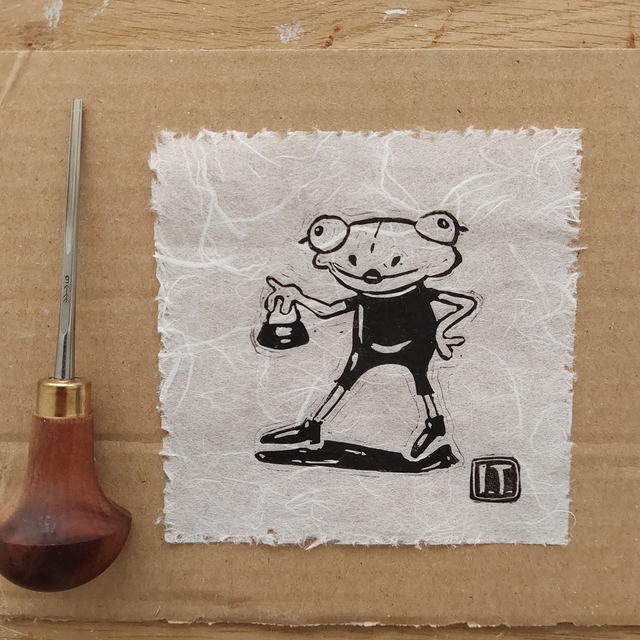 Quirky Kermit - linocut fancy frog - Handprinted