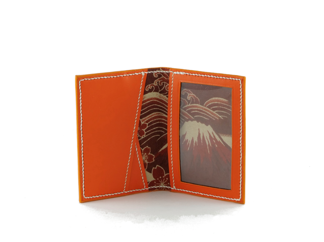 Porte-Cartes en cuir tannage végétal - MADO Orange avec doublure tissu japonais motif Mont Fuji