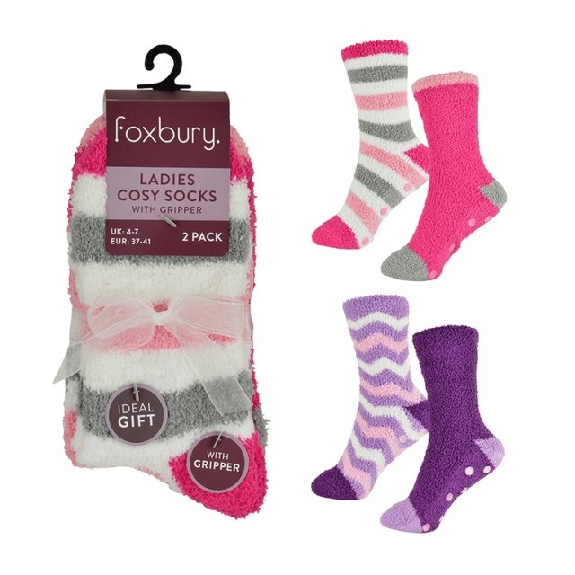 Foxbury Ladies Stripe Cosy Socks With Gripper - £4.49 a pack