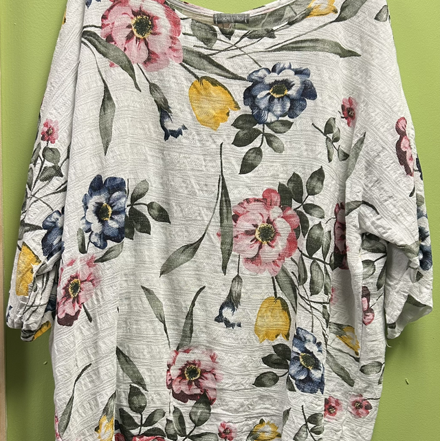 New Collection - White Floral Linen Top - Free Size - 1744