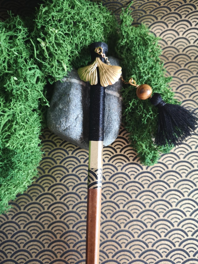 Bâton de cheveux - japonais - papier washi - bambou - fil - perle - jaspe - feuille de dorure - feuille de ginkgo - pompon - La&amp;Titia 