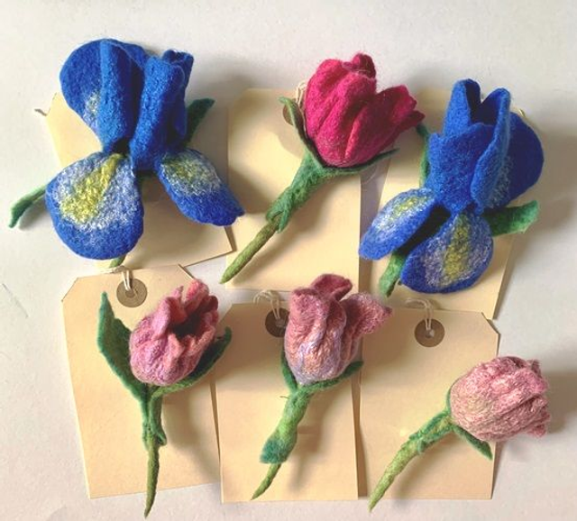 Hand Felted Iris and Tulip Brooches