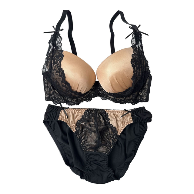 Gold +Black lace Japanese Bra + Underwear Set UK 32C 
