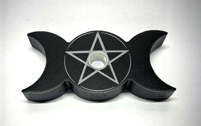 Wooden Triple Moon Pentagram Spell Candle Holder 