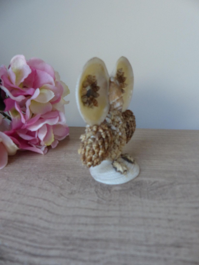 Statuette chouette hibou en coquillages - Sculpture vintage artisanat français, Décoration bord de mer, Souvenir famille vacances à la plage
