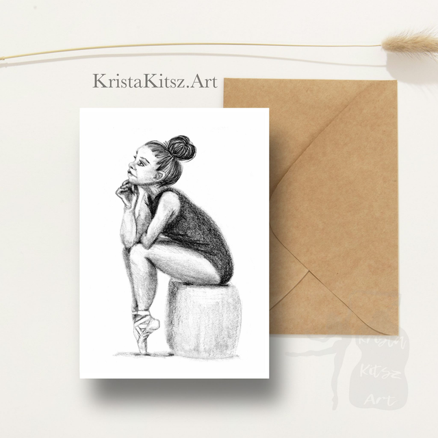 Ansichtkaart Ballerina zittend tekenkunst , inclusief envelop craft, potlood tekening 